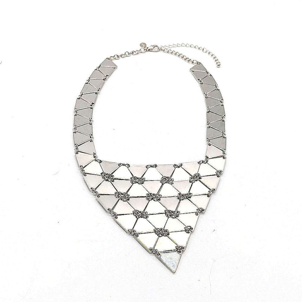 NEW CHICO'S Statement Collar Bib Necklace with extension in Reflective Silver - Picture 2 of 4